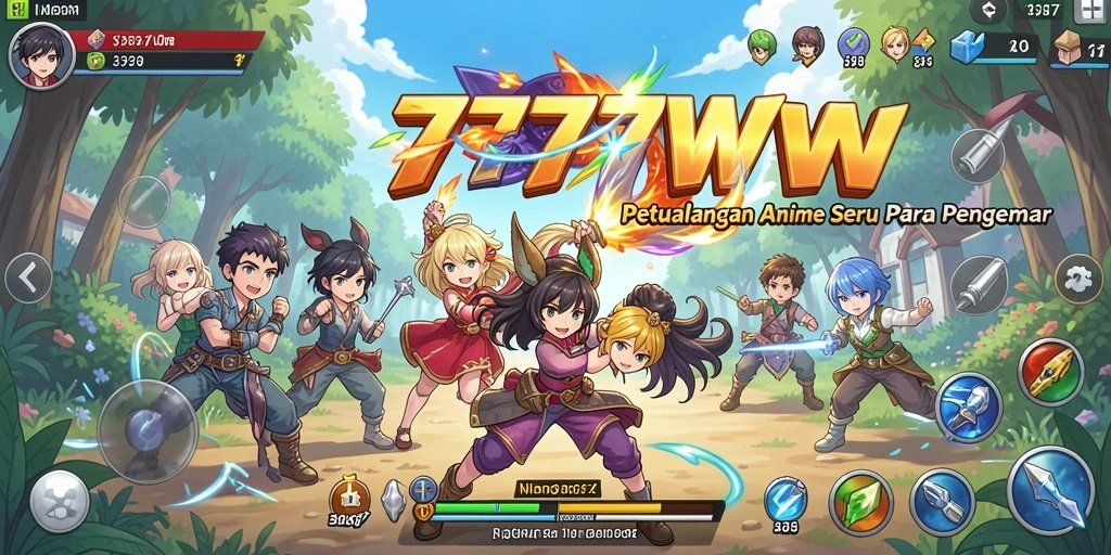 Screenshot gameplay <strong>7777W</strong> menampilkan pertarungan seru antara karakter-karakter anime.