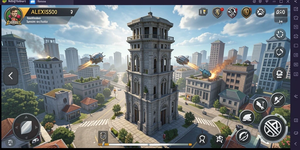 Tangkapan layar menampilkan aksi menara dalam game Tower Defense.