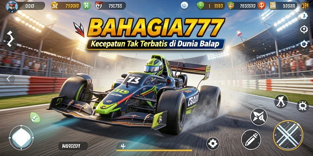 Screenshot utama BAHAGIA777 menampilkan aksi balap yang seru di trek menantang.