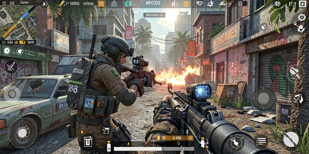 Screenshot menampilkan aksi seru dalam game TPS MPO303.