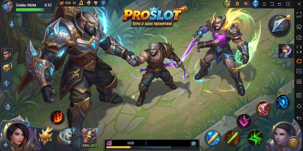 Tangkapan layar gameplay PROSLOT dengan aksi MOBA yang menegangkan.