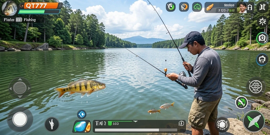 Screenshot QT777 menampilkan momen mendebarkan saat menangkap ikan.