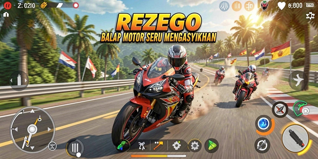 Pengalaman balapan motor seru dalam <strong>REZEGO</strong> dengan grafis menawan.