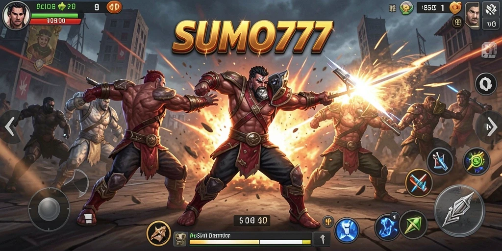 Tangkapan layar gameplay SUMO777 menampilkan aksi pertarungan yang mendebarkan.